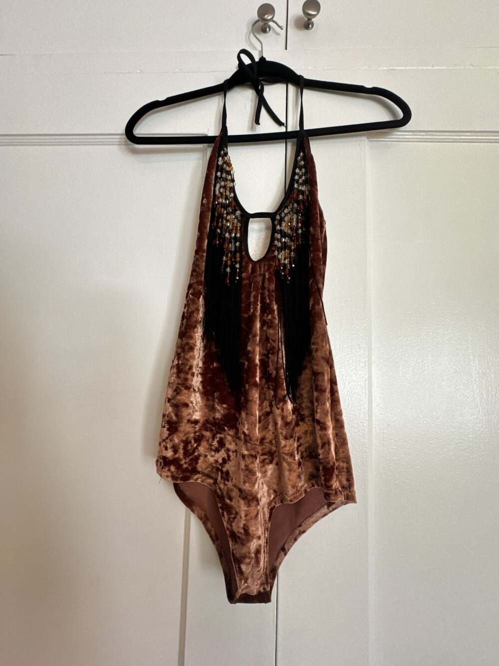 Handmade Statement Piece Brown Crushed Velvet Halter Neck Beaded Fringe Applique